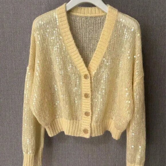 Yellow Casual Women's Sequin detailed Button down knit Cardigan - Picture 1 of 3